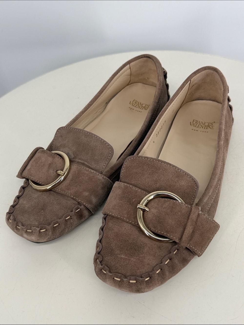 Frances Valentine Teddy Loafers Size 7-7.5? Tan Suede Gold Buckle